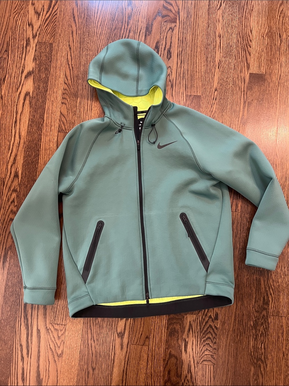 Nike Sage Green Hooded Zip Jacket with Neon Yellow Lining. Size XL
